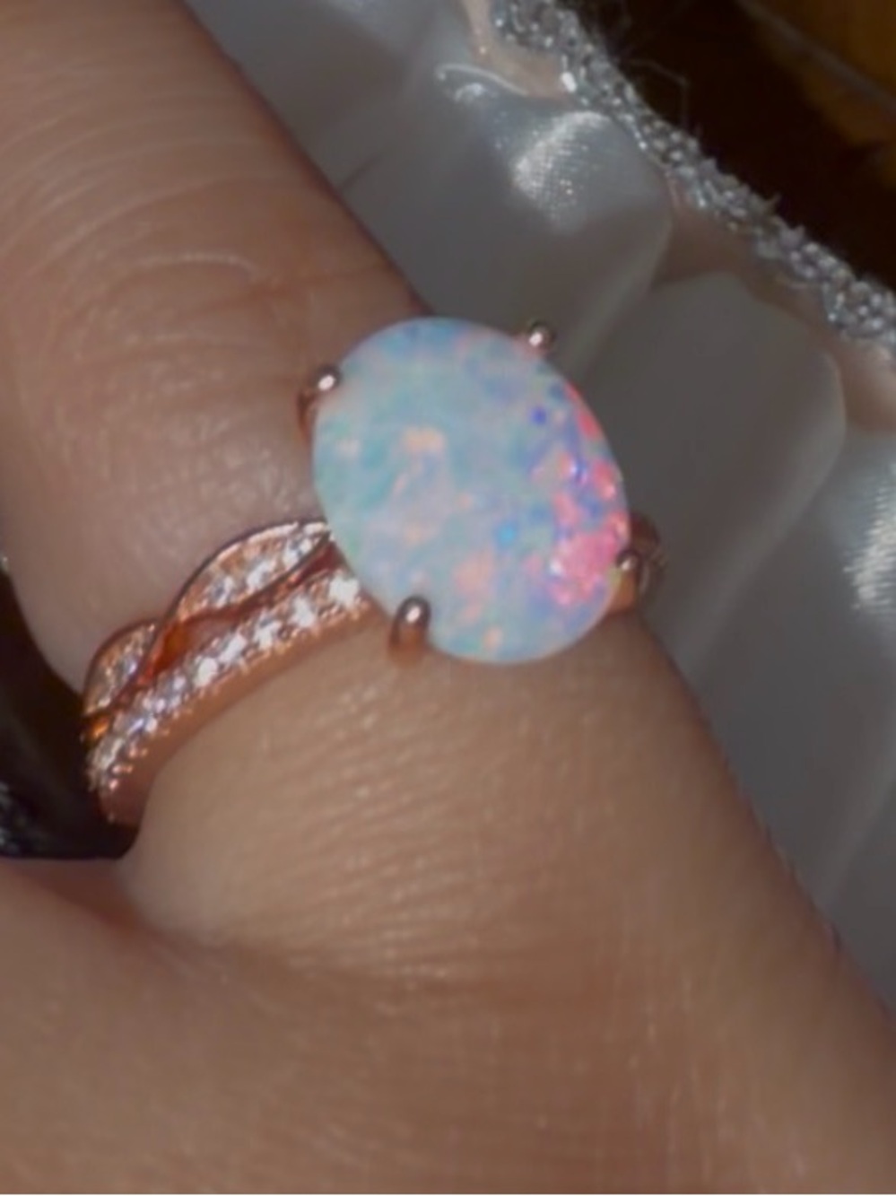 Sterling silver rose gold plated opal wedding ring set
